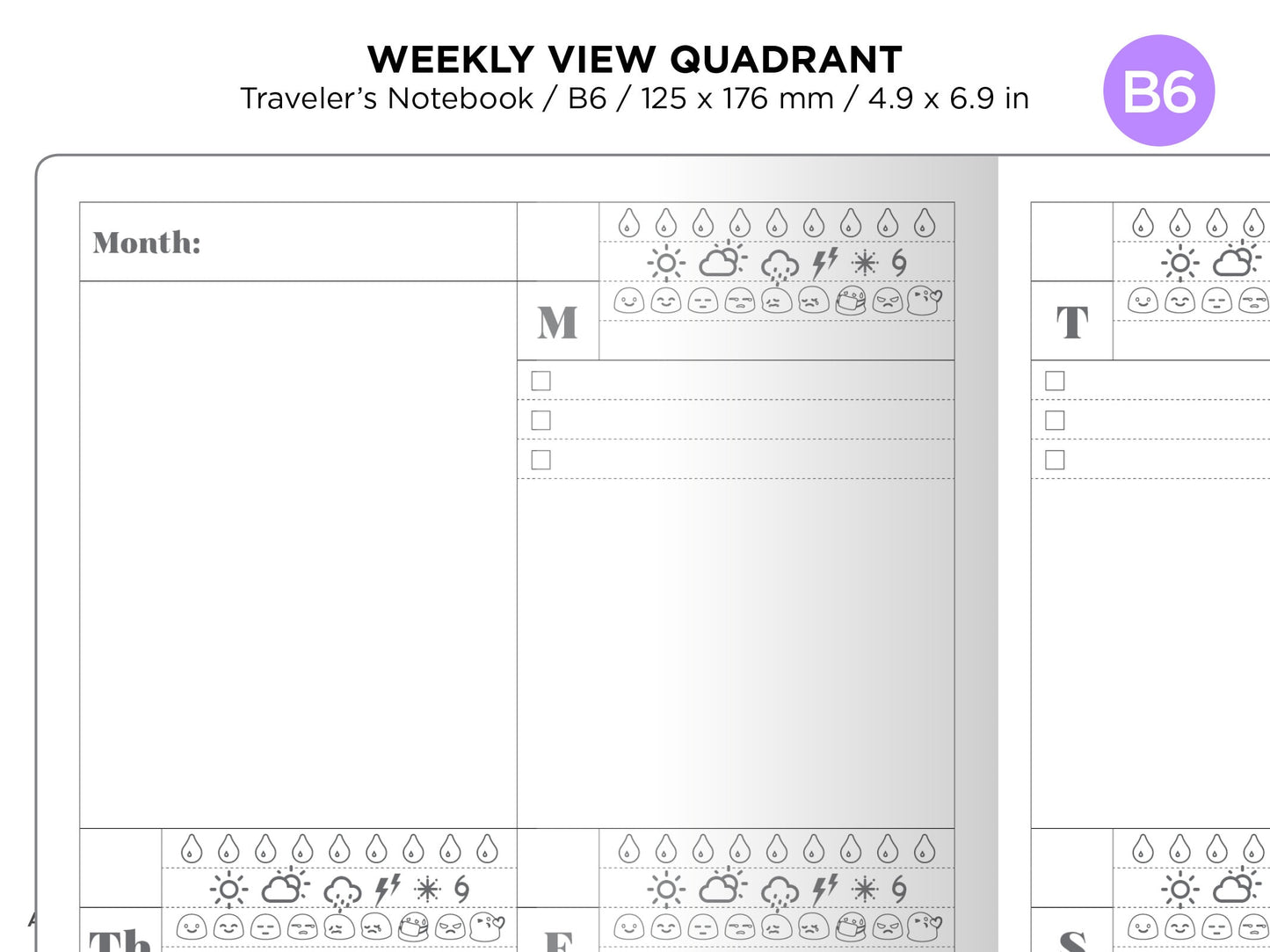 B6 Weekly Traveler's Notebook Mood, Weather and Water tracker Vertical Quadrant Layout