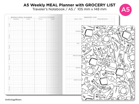 TN A5 Weekly MEAL Planner Printable Traveler's Notebook Insert / MENU Planner with Grocery List