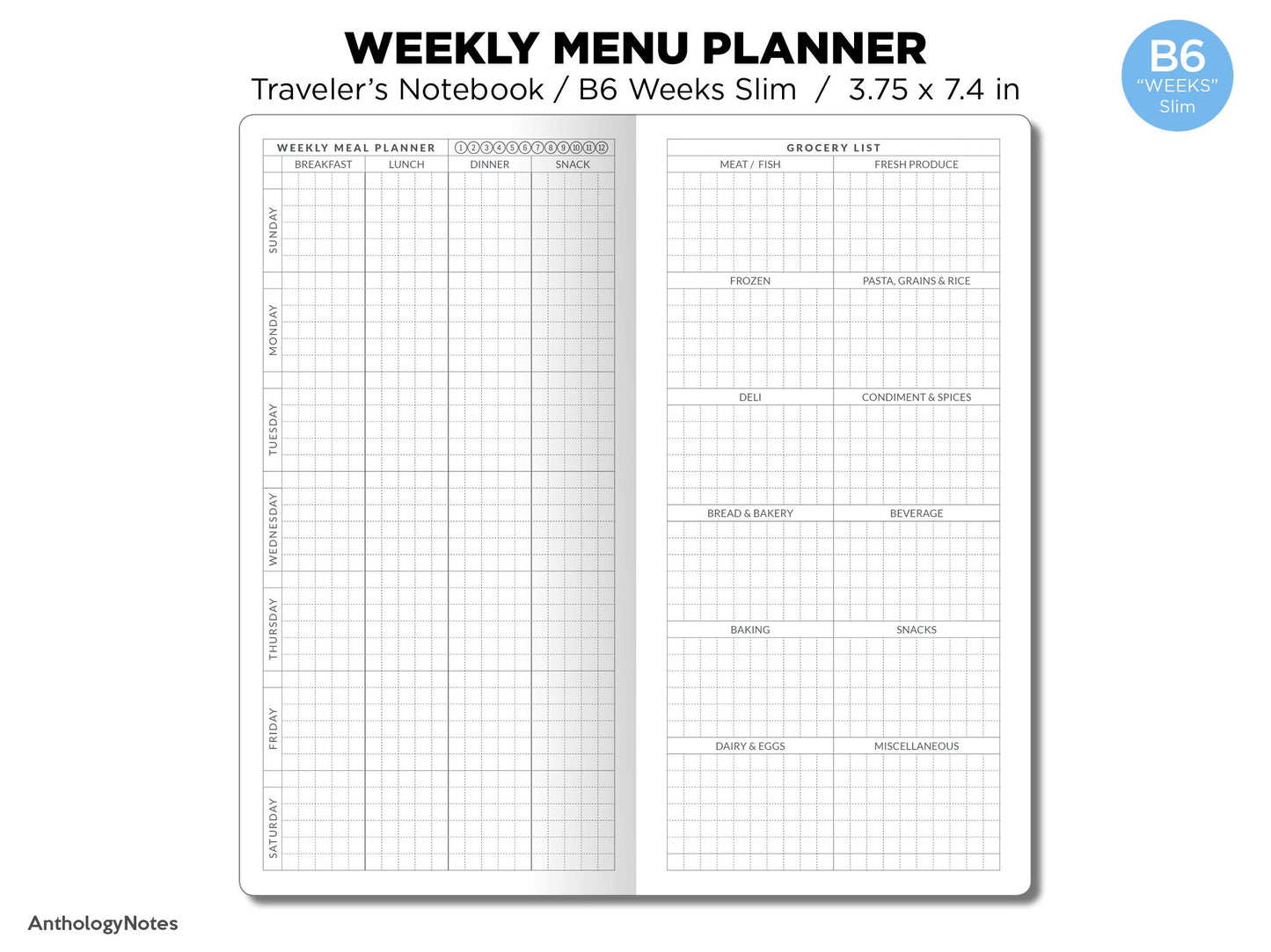 TN WEEKS Weekly MEAL Planner with  Grocery List Section Printable Traveler's Notebook Insert