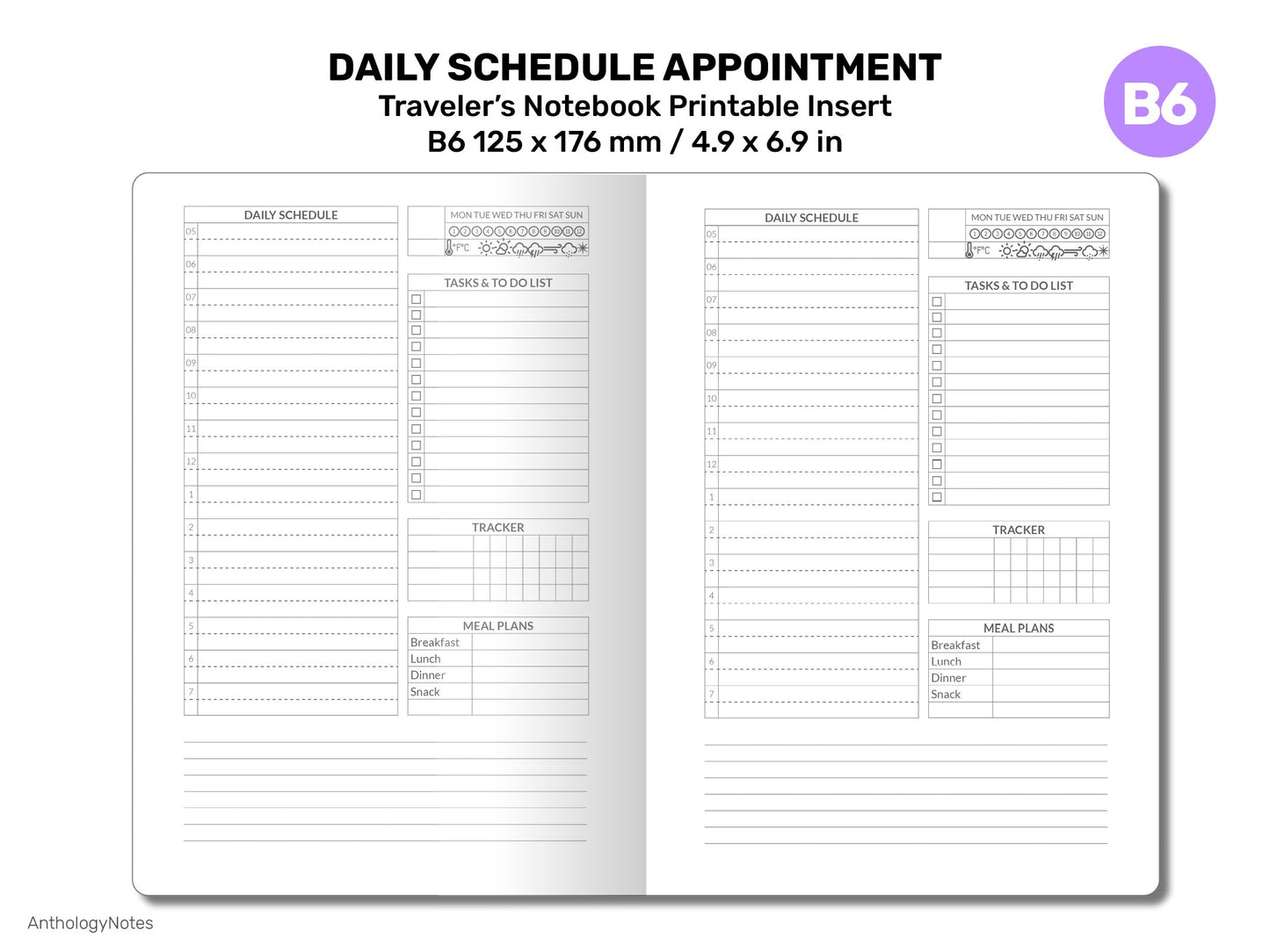 TN B6 Day on A Page Daily Appointment Printable Traveler's Notebook Insert