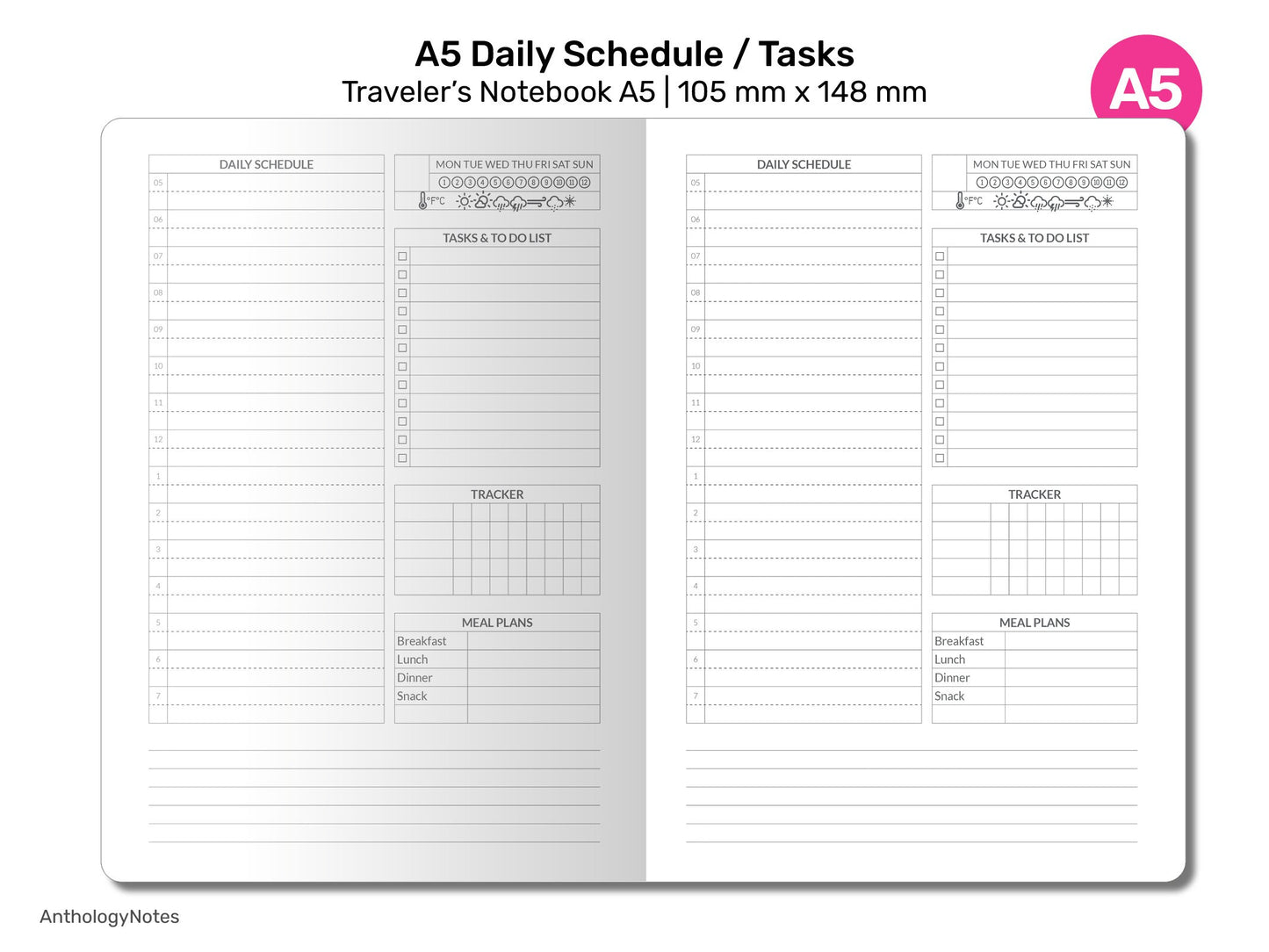 A5 TN DAILY Schedule Appointment Tasks & Tracker Printable Planner Insert A522-001