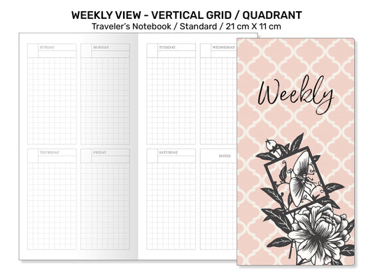 Weekly View Traveler's Notebook Standard Printable Insert GRID Vertical Quadrant Wo2P Minimalist Functional Planning