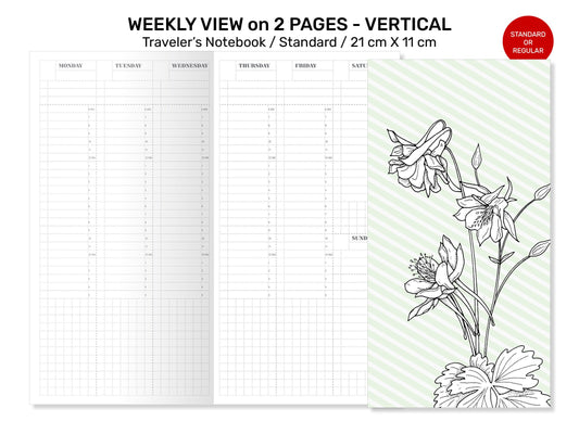 Weekly View Vertical Traveler's Notebook Standard Size Printable Insert - Monday or Sunday Start - Undated Planner