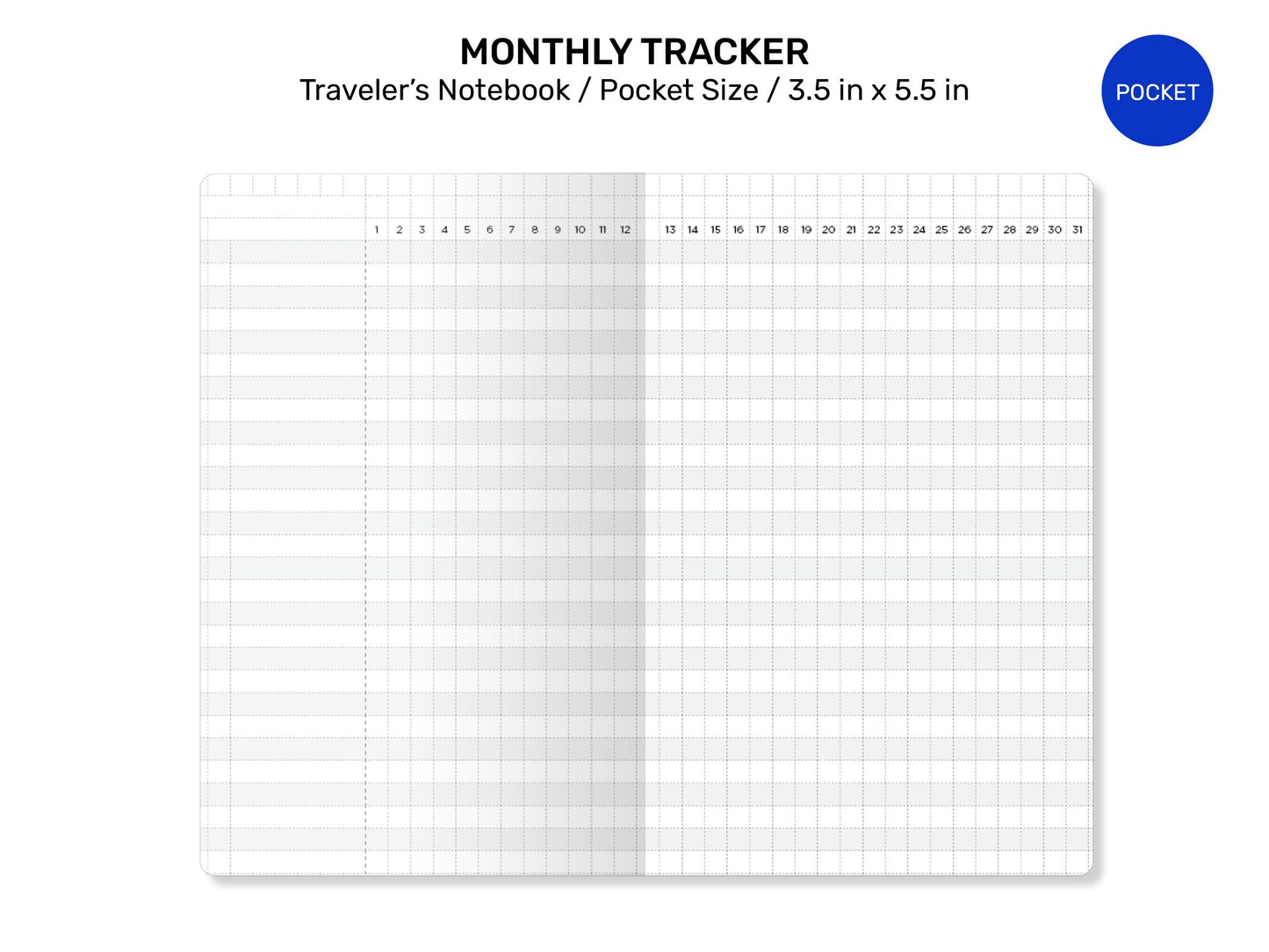 TN Pocket Notes Traveler's Notebook Printable Insert Monthly Grid Tracker, Minimalist, Clean - Pocket Size UNDATED