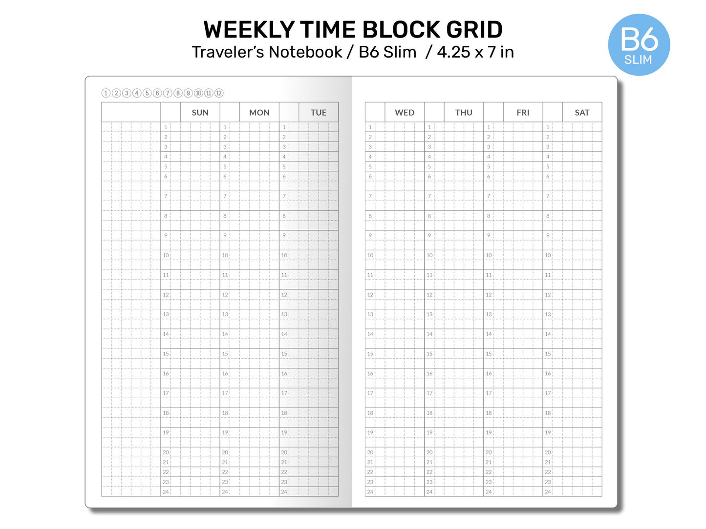 B6 Slim TIME BLOCK Weekly VERTICAL Printable Traveler's Notebook Insert