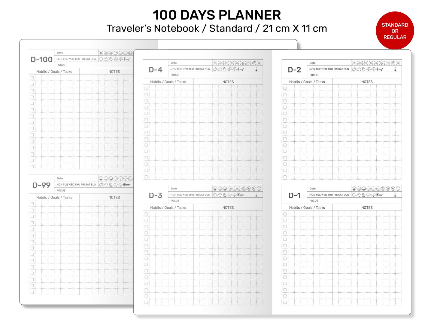 100 DAYS PLANNER Printable Traveler's Notebook Insert Standard Size