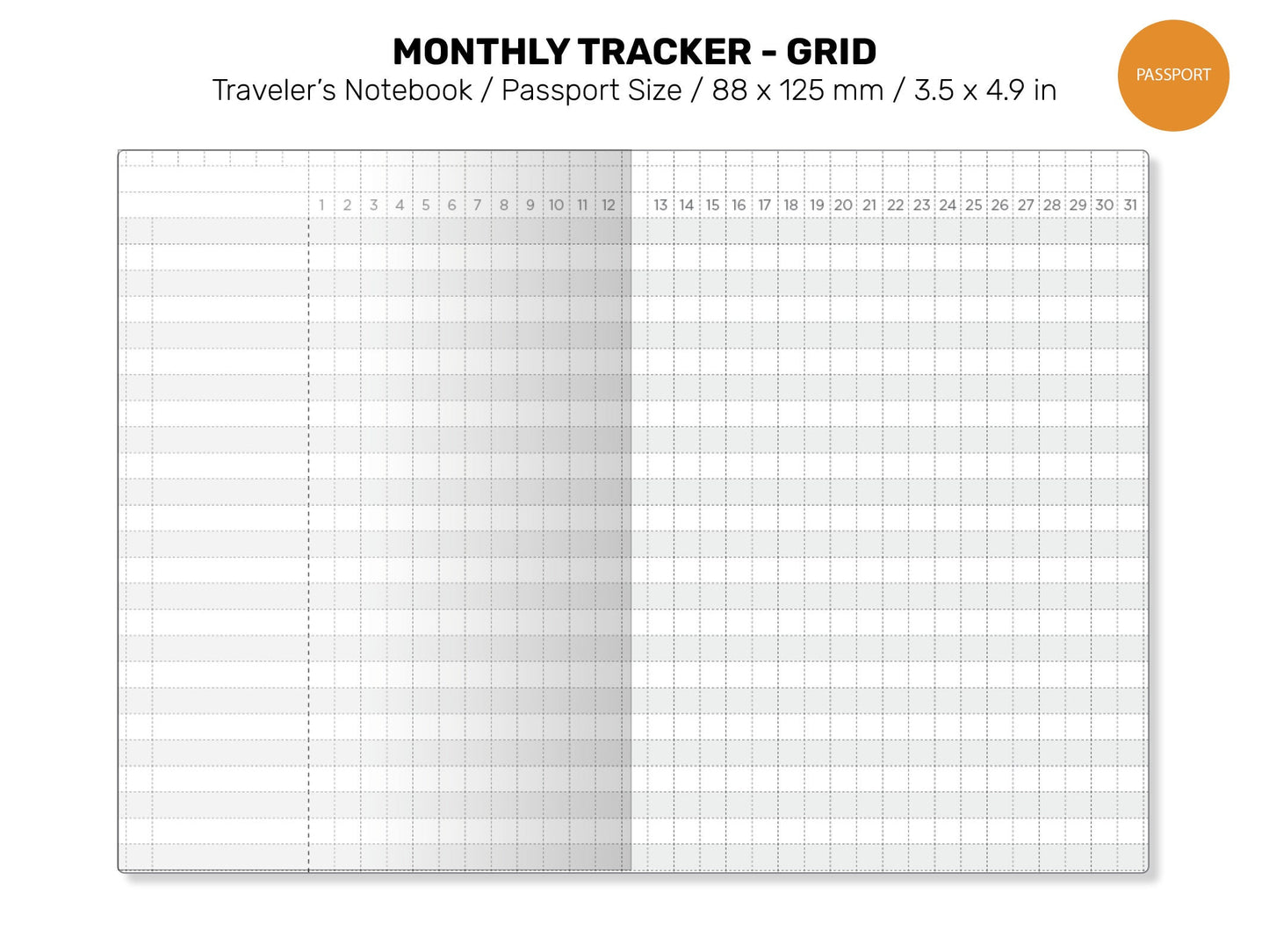 PASSPORT TN Monthly TRACKER Grid Undated Printable Traveler's Notebook Refill Functional Planning