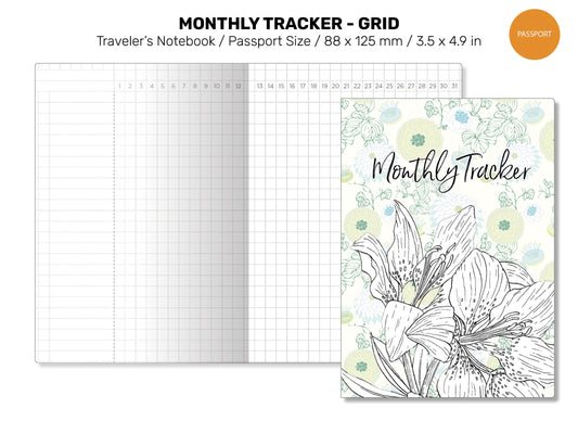 PASSPORT TN Monthly TRACKER Grid Undated Printable Traveler's Notebook Refill Functional Planning