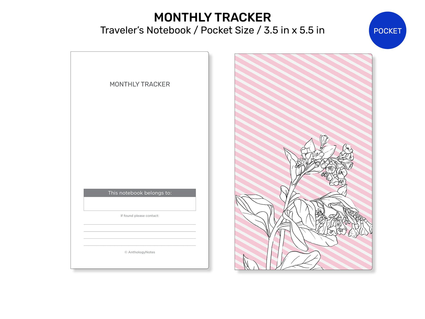 TN Pocket Notes Traveler's Notebook Printable Insert Monthly Grid Tracker, Minimalist, Clean - Pocket Size UNDATED