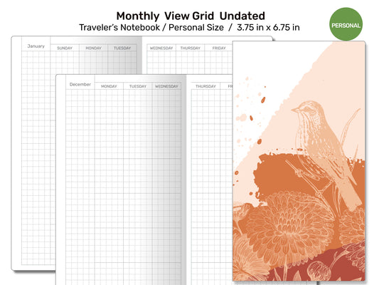 TN Personal Monthly View GRID Undated Traveler's Notebook Hobonichi Inspired Printable Insert