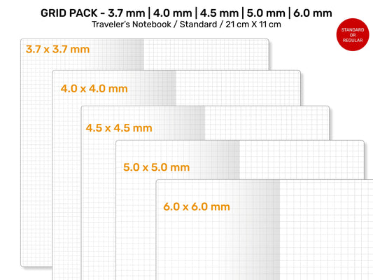 TN Standard GRID Pack Printable Refill Insert | 3.7 mm, 4 mm, 4.5 mm, 5 mm, 6 mm Traveler's Notebook GRIDLines Code: RTN22-002