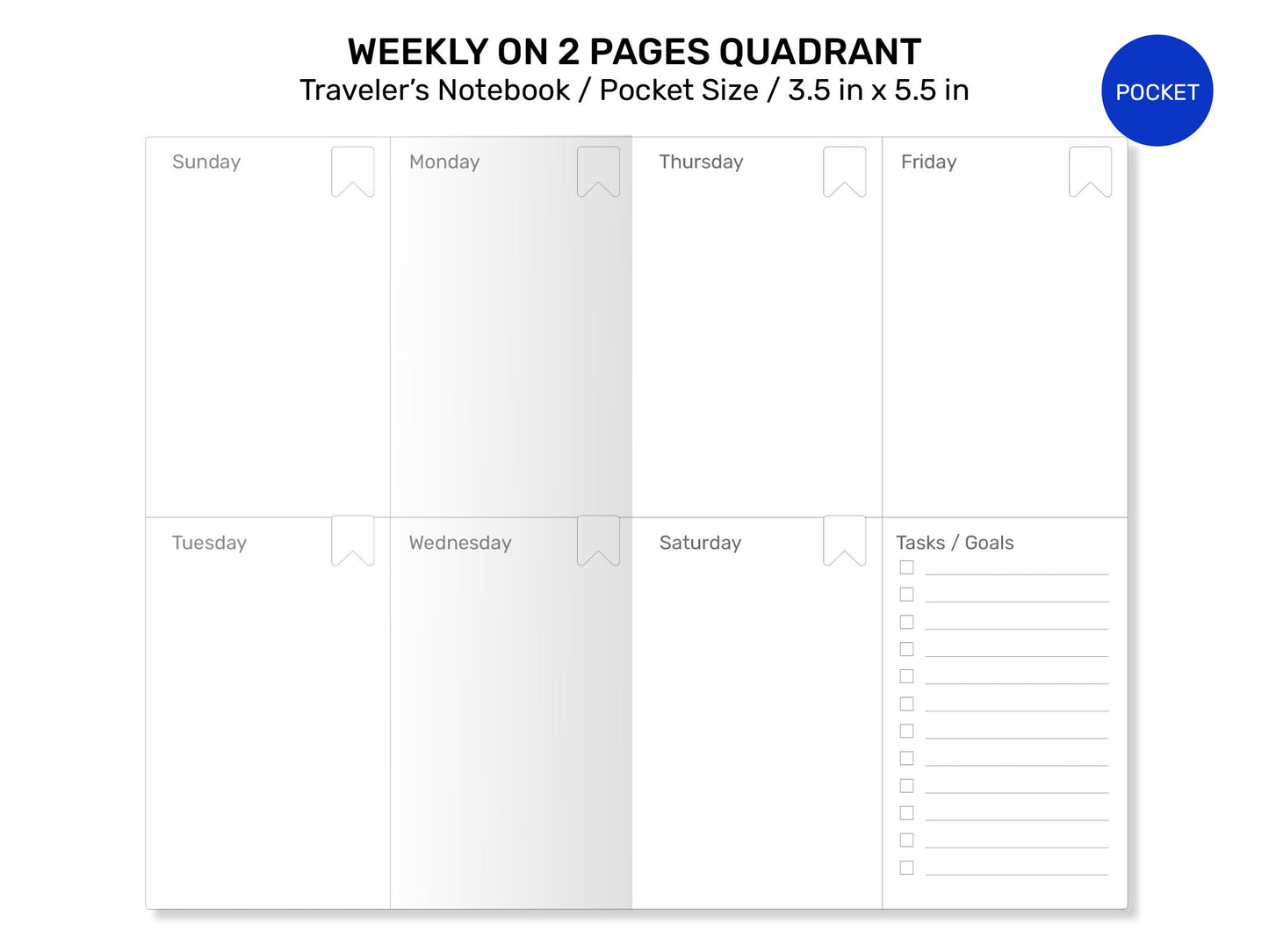 Pocket  Weekly View Vertical Quadrant Traveler's Notebook Printable Insert Field Notes Wo2P