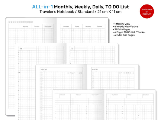 Standard TN ALL-in-1 Monthly, Weekly, Daily, List Printable Traveler's Notebook Refill Insert GRID - Minimalist Functional RTN022-003
