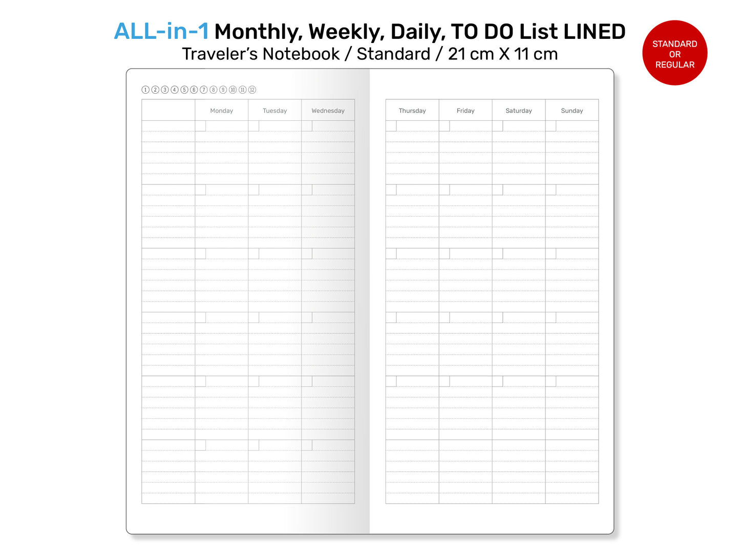 Standard TN ALL-in-1 Monthly, Weekly, Daily, List Printable Traveler's Notebook Refill Insert LINED - Minimalist Functional RTN022-003B