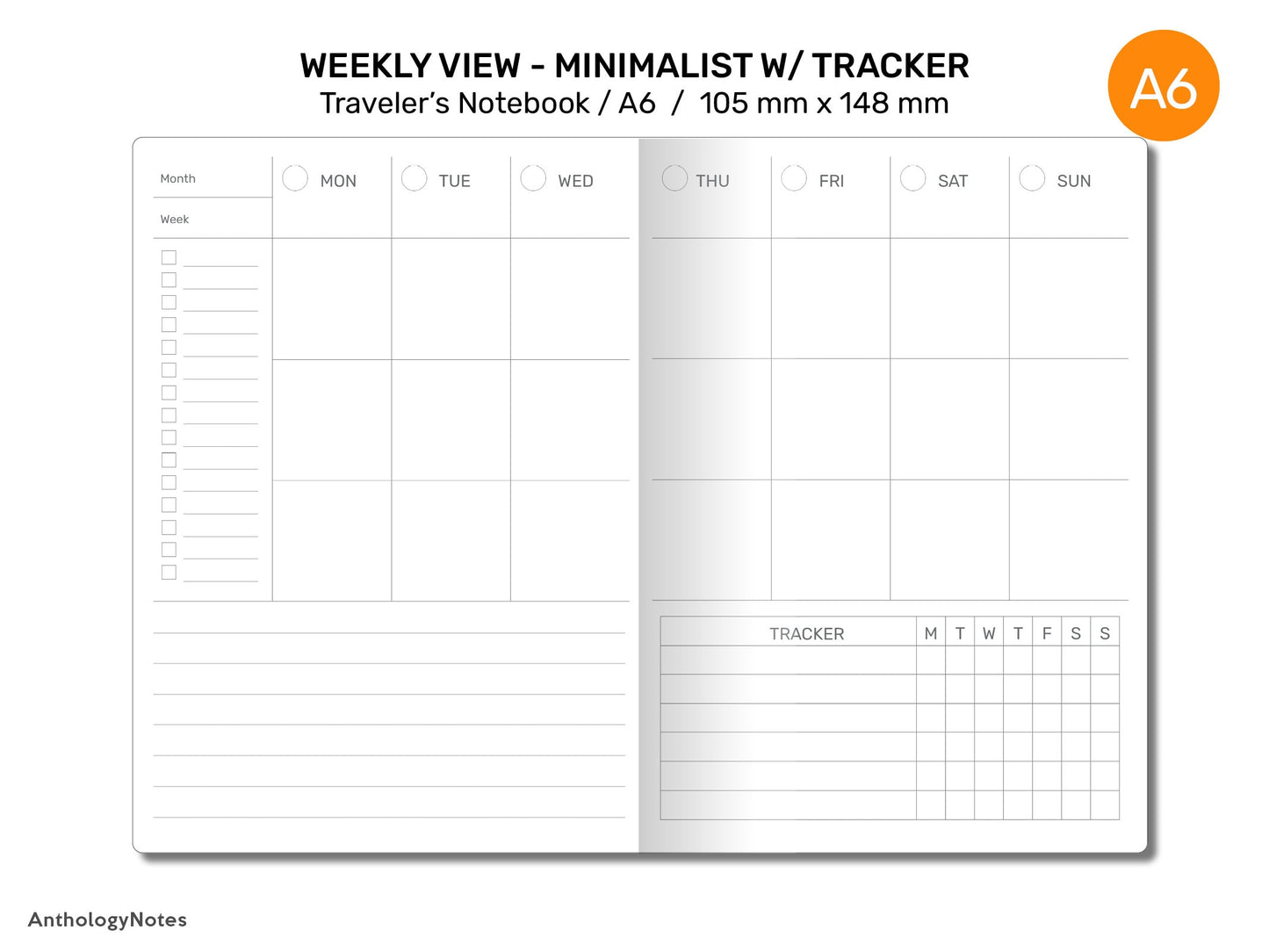 TN A6 Weekly Vertical View  Tracker Traveler's Notebook Printable Insert - Wo2P - Monday or Sunday Start - Minimalist