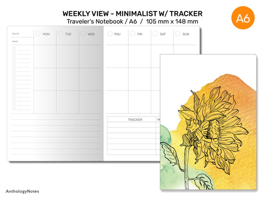 TN A6 Weekly Vertical View  Tracker Traveler's Notebook Printable Insert - Wo2P - Monday or Sunday Start - Minimalist