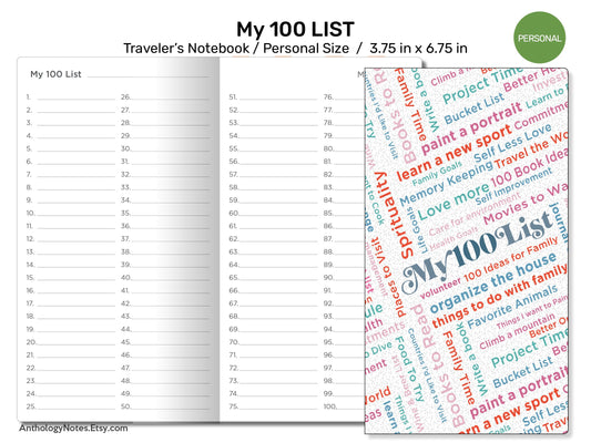 TN PERSONAL My 100 LISTS Printable Planner Traveler's Notebook Insert Bucket List