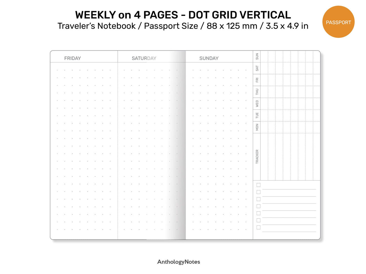 PASSPORT WEEKLY Dot Grid Vertical Traveler's Notebook Printable Insert with Tracker Minimalist Wo4P