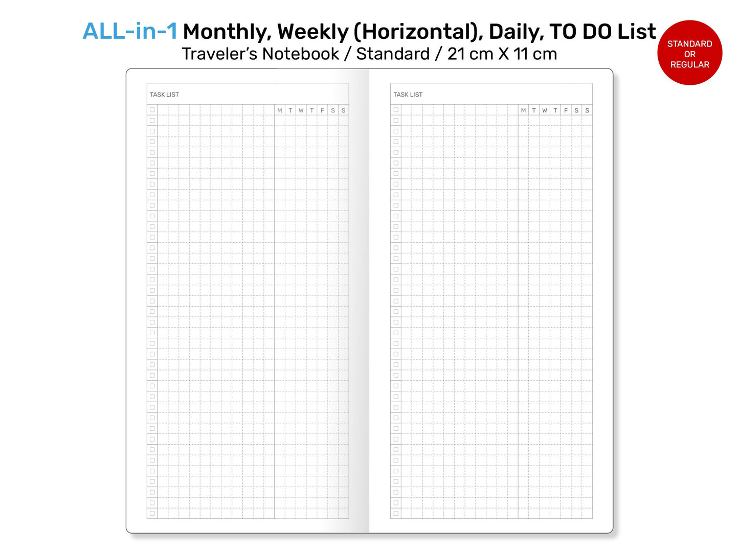 Standard TN ALL-in-1 Monthly, Weekly HORIZONTAL, Daily, List Printable Traveler's Notebook Refill Insert - Minimalist Functional RTN22-004