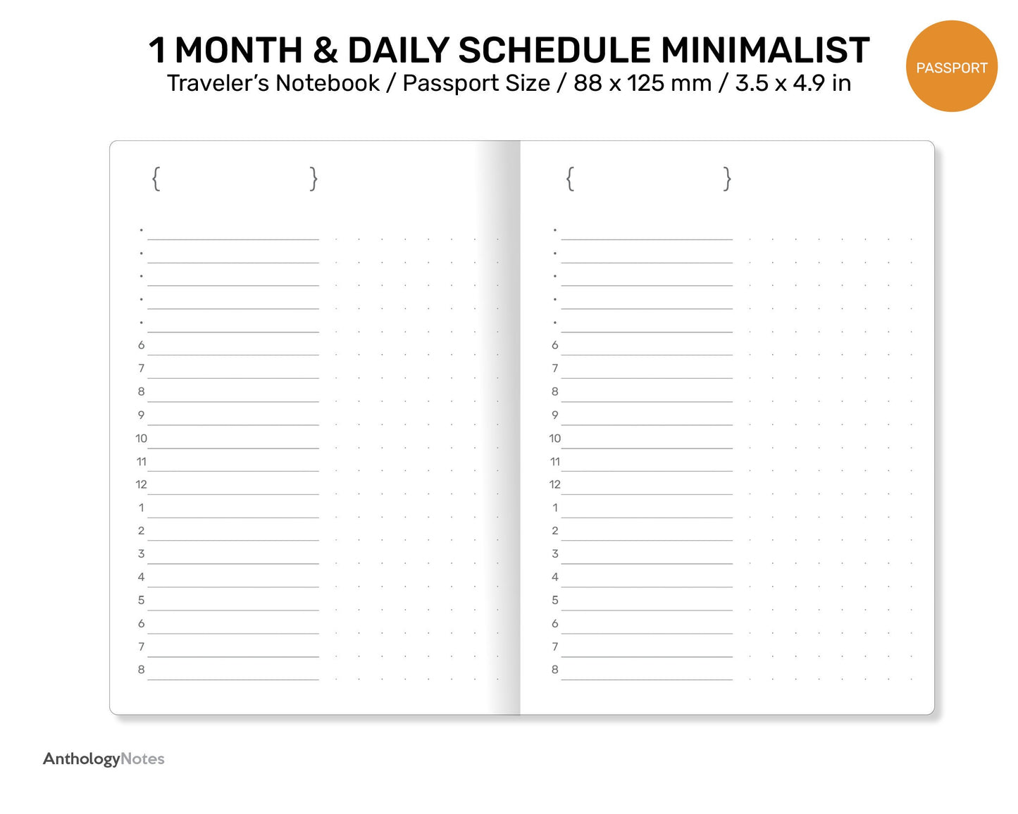 Monthly & Daily PASSPORT TN Printable Refill Insert Minimalist Traveler's Notebook