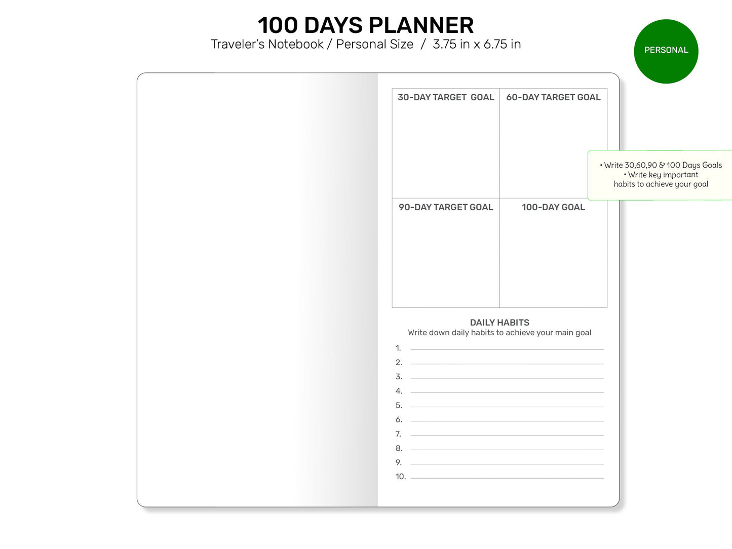 TN Personal 100 DAYS PLANNER Printable Traveler's Notebook Insert Refill