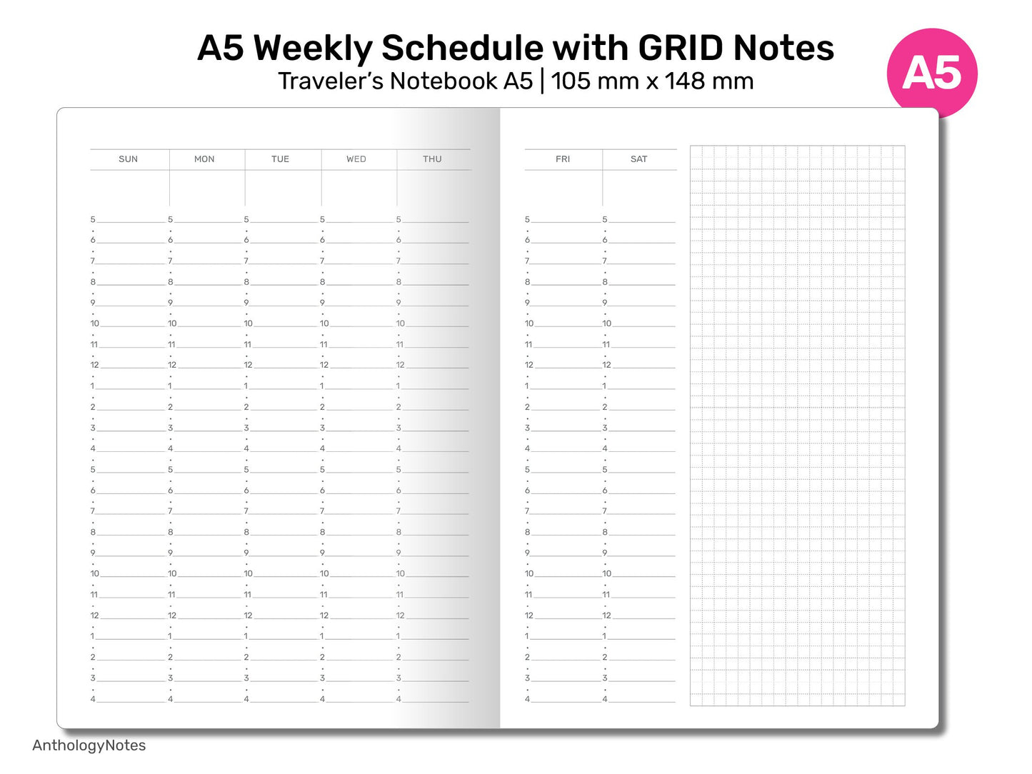 A5 TN WEEKLY Schedule with GRID with 24 hour Time Stamp Printable Insert Traveler's Notebook A522-003