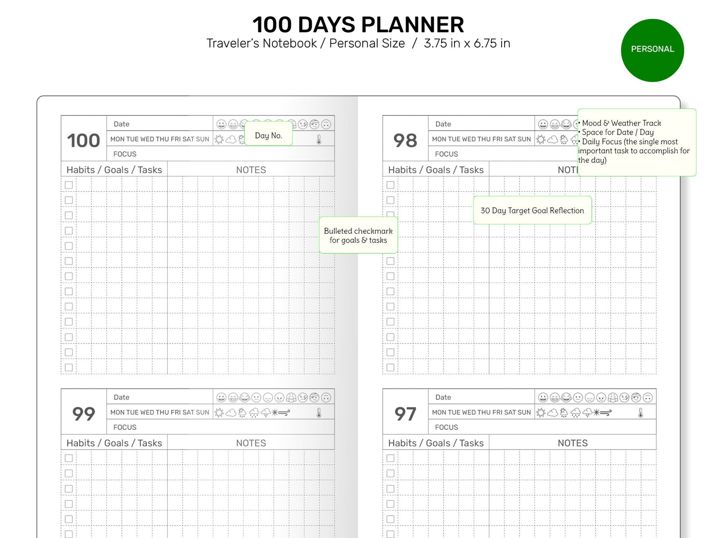 TN Personal 100 DAYS PLANNER Printable Traveler's Notebook Insert Refill