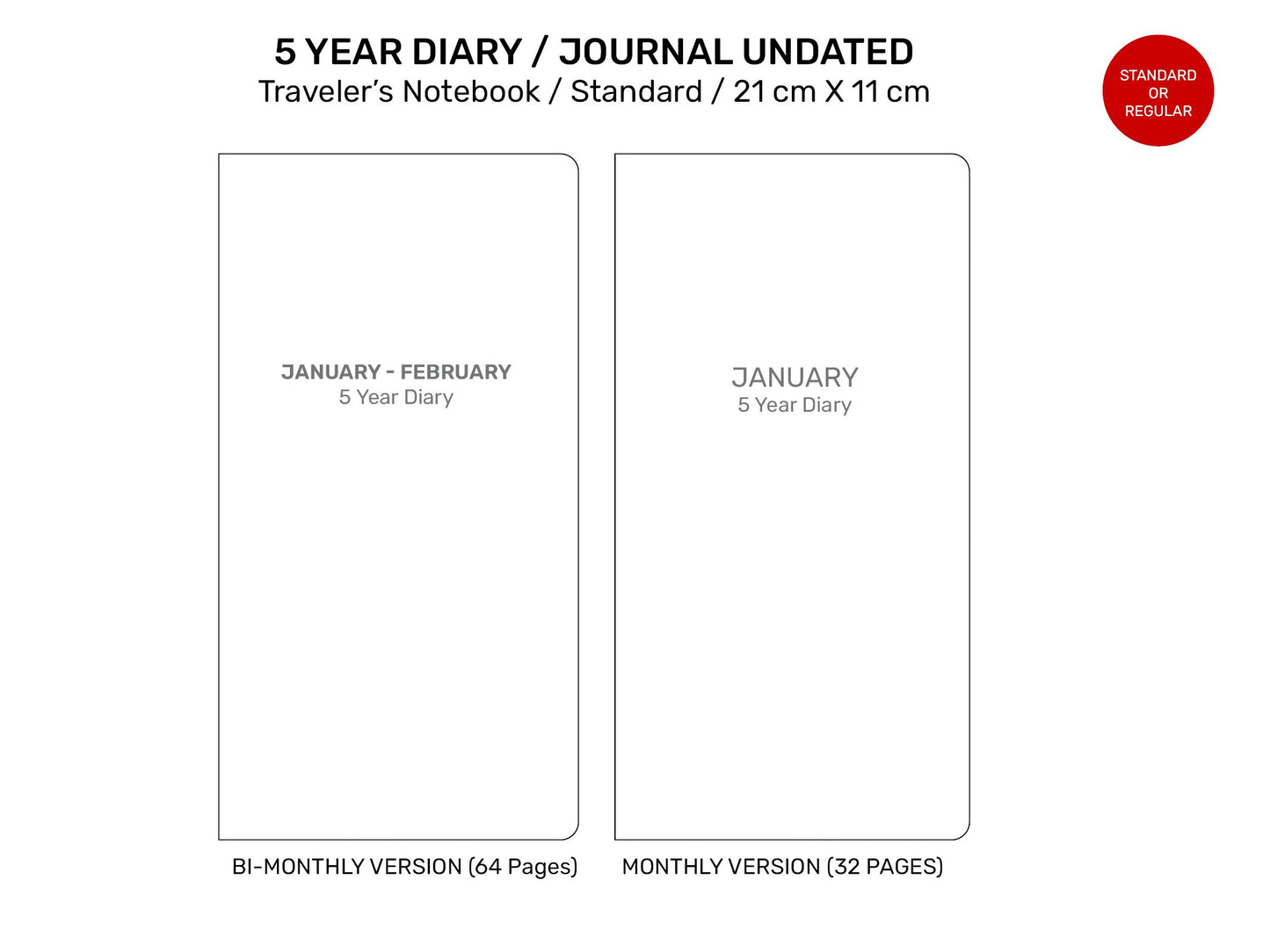 5 YEAR JOURNAL DIARY Traveler's Notebook Standard Size - Printable Refill Grid - Minimalist Functional
