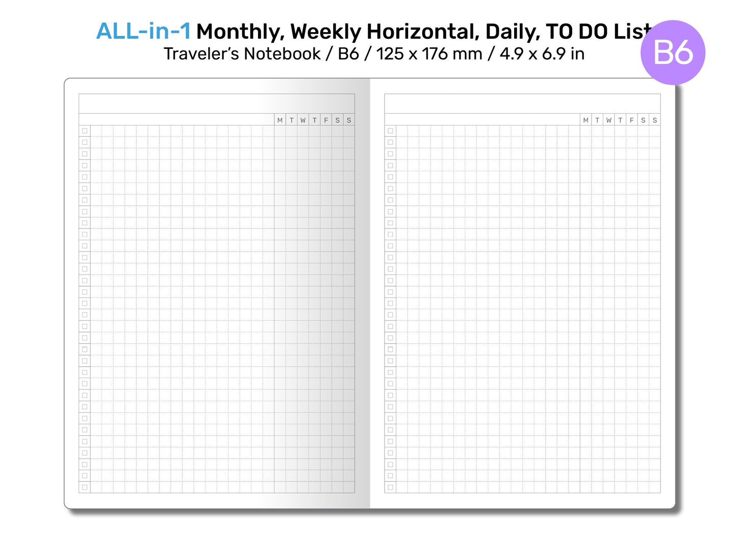 B6 TN All-in-One Monthly, Weekly Horizontal, Tracker / TO DO List, Grid Notes Printable Traveler's Notebook Insert