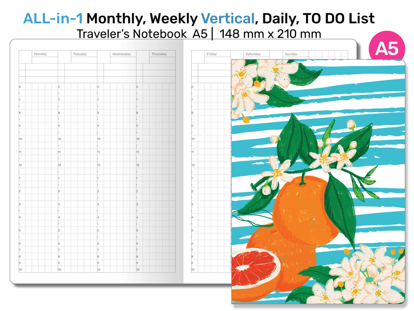 A5 TN All-in-One Monthly, Weekly Vertical, Tracker & TO DO List, Grid Notes Printable Travel A522-005er's Notebook Insert