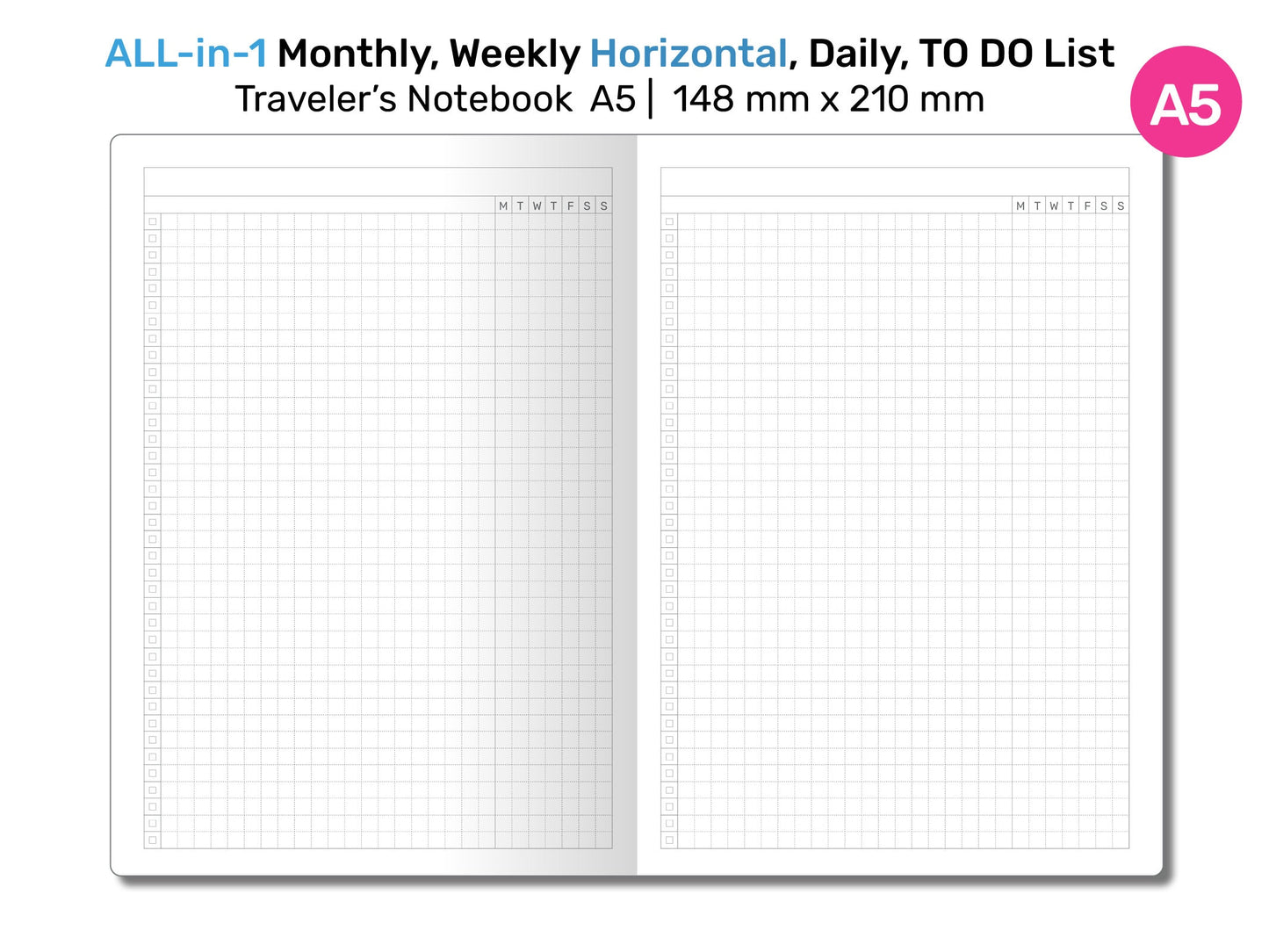 A5 TN All-in-One Monthly, Weekly HORIZONTAL, Tracker & To do List, Grid Notes Printable Traveler's Notebook Insert
