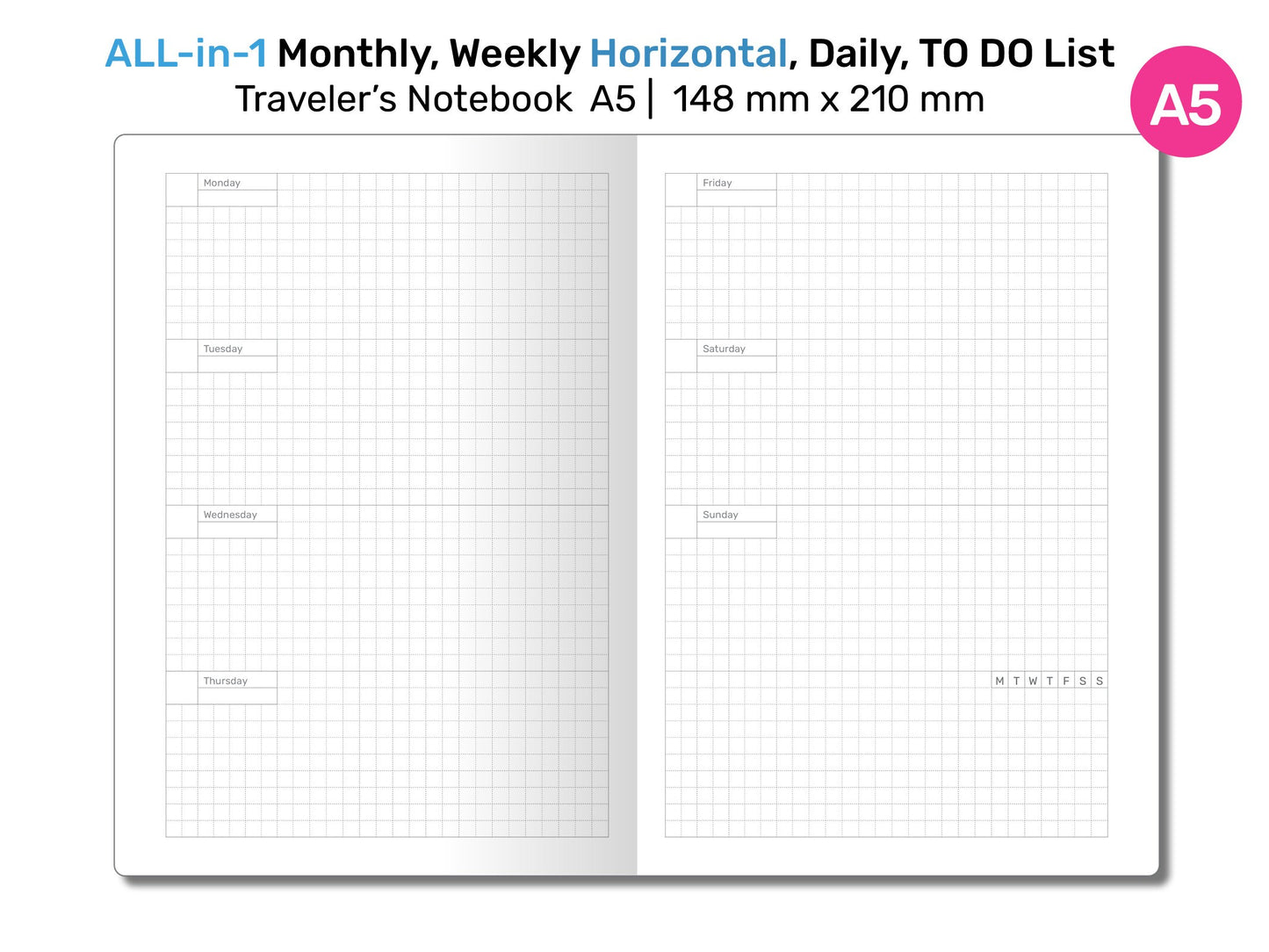 A5 TN All-in-One Monthly, Weekly HORIZONTAL, Tracker & To do List, Grid Notes Printable Traveler's Notebook Insert