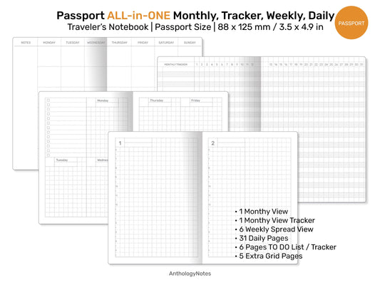 PASSPORT TN All-in-One Monthly View, Tracker, Weekly, Daily, To Do List Printable Traveler's Notebook Refill