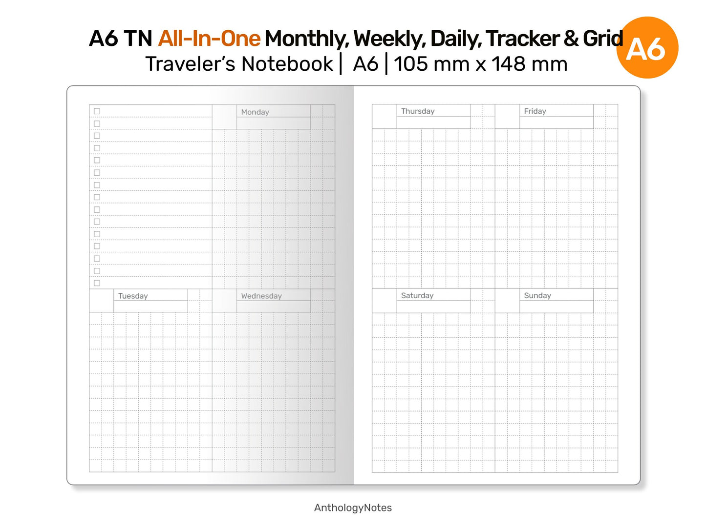 A6 TN All-in-One Monthly View, Tracker, Weekly, Daily, To Do List Printable Traveler's Notebook Refill