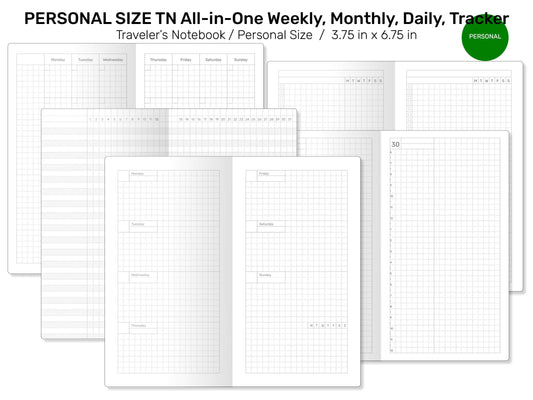 PERSONAL TN All-in-One Monthly, Weekly Horizontal, Tracker / To Do List, Grid Notes Printable Traveler's Notebook Insert