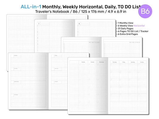 B6 TN All-in-One Monthly, Weekly Horizontal, Tracker / TO DO List, Grid Notes Printable Traveler's Notebook Insert