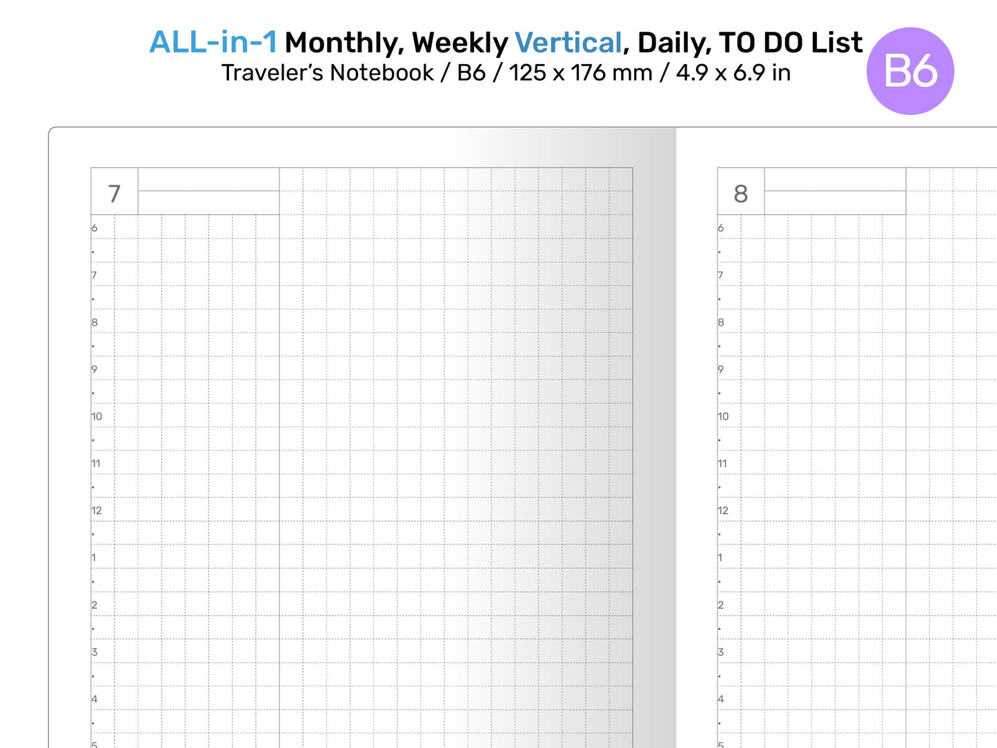 B6 TN All-in-One Monthly, Weekly Vertical, Tracker / TO DO List, Grid Notes Printable Traveler's Notebook Insert