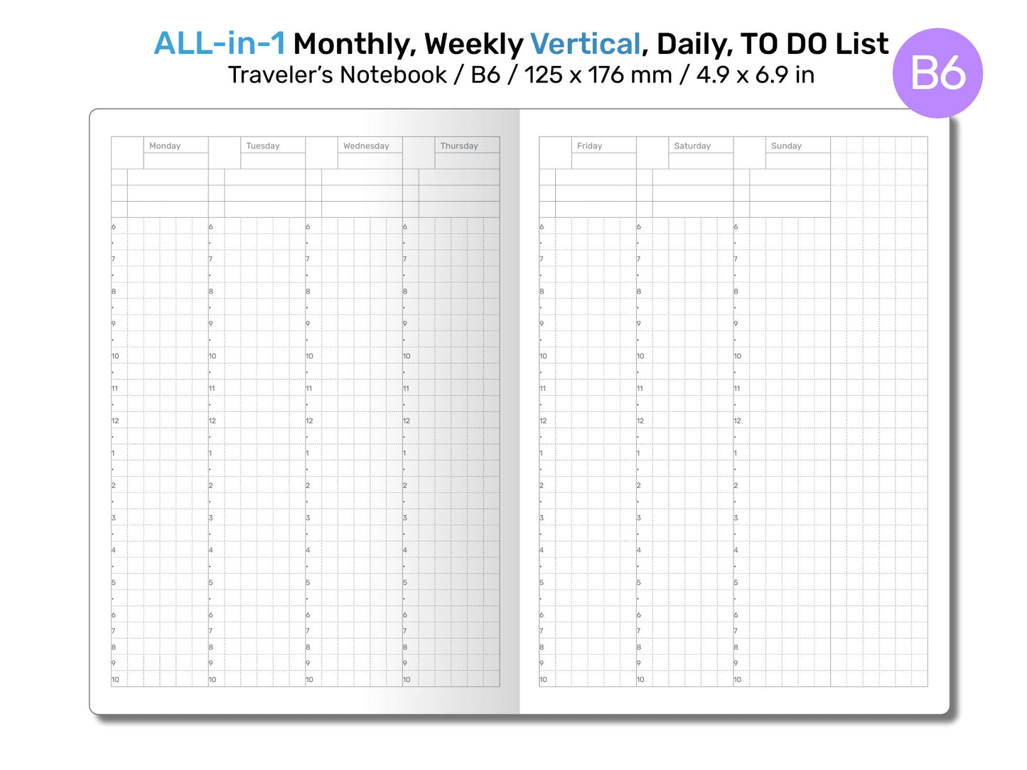 B6 TN All-in-One Monthly, Weekly Vertical, Tracker / TO DO List, Grid Notes Printable Traveler's Notebook Insert