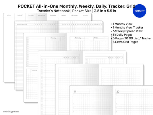 POCKET TN All-in-One Monthly View, Tracker, Weekly, Daily, To Do List Printable Traveler's Notebook Refill