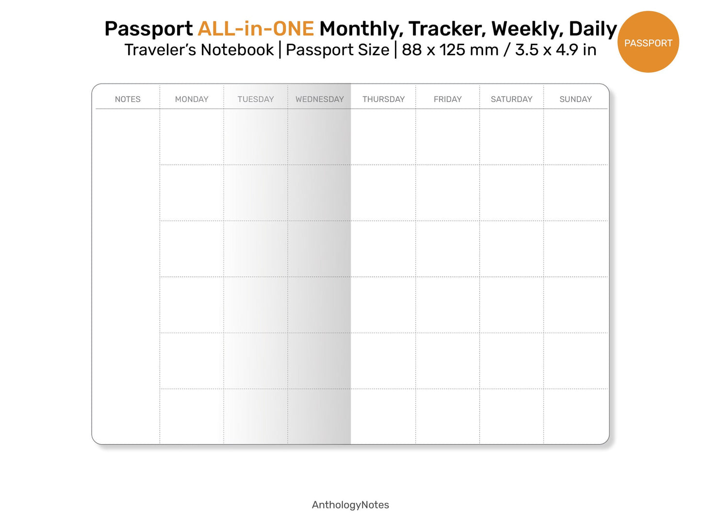 PASSPORT TN All-in-One Monthly View, Tracker, Weekly, Daily, To Do List Printable Traveler's Notebook Refill