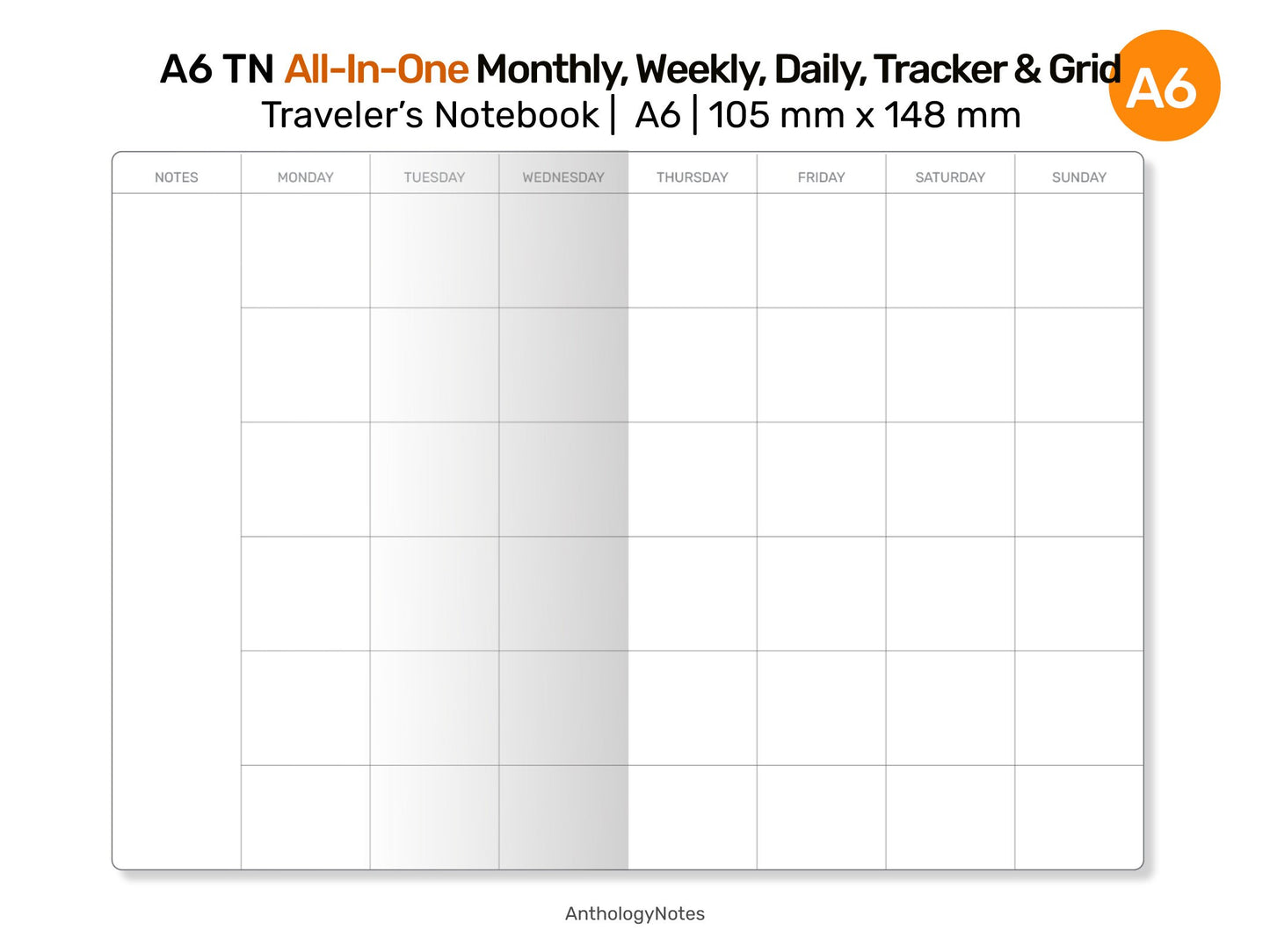 A6 TN All-in-One Monthly View, Tracker, Weekly, Daily, To Do List Printable Traveler's Notebook Refill