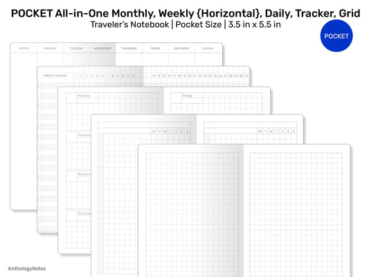POCKET TN All-in-One Monthly View, Tracker, Weekly HORIZONTAL, Daily, To Do List Printable Traveler's Notebook Refill