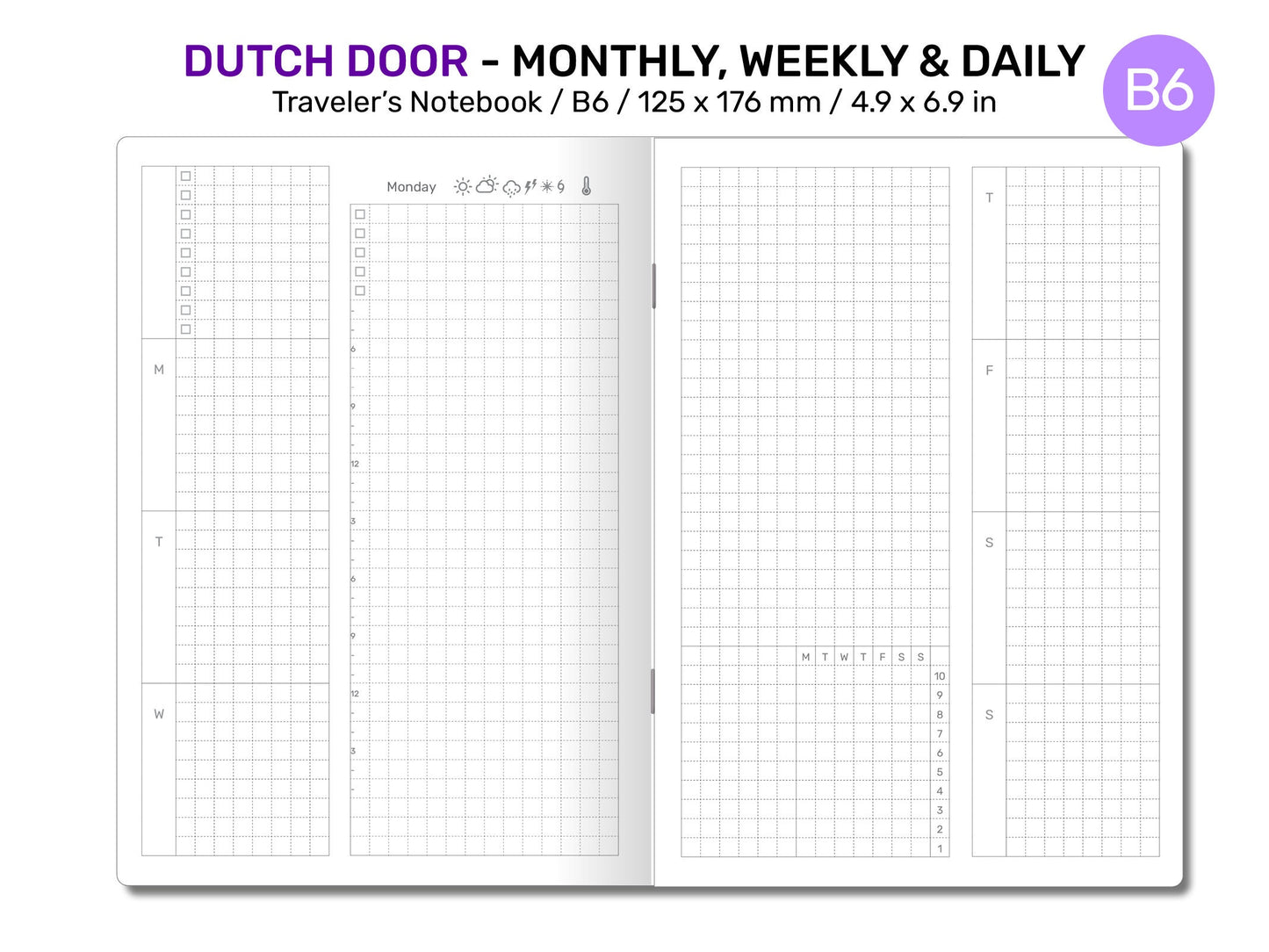 B6 TN Dutch Door Monthly, Weekly, Daily GRID Printable Traveler's Notebook Minimalist