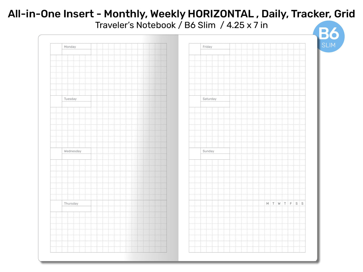 B6 Slim TN All-in-One Monthly, Weekly HORIZONTAL, Tracker To Do, List, Grid Printable Traveler's Notebook Printable Refill Insert B6SL22-002