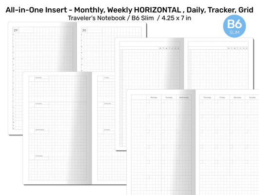 B6 Slim TN All-in-One Monthly, Weekly HORIZONTAL, Tracker To Do, List, Grid Printable Traveler's Notebook Printable Refill Insert B6SL22-002