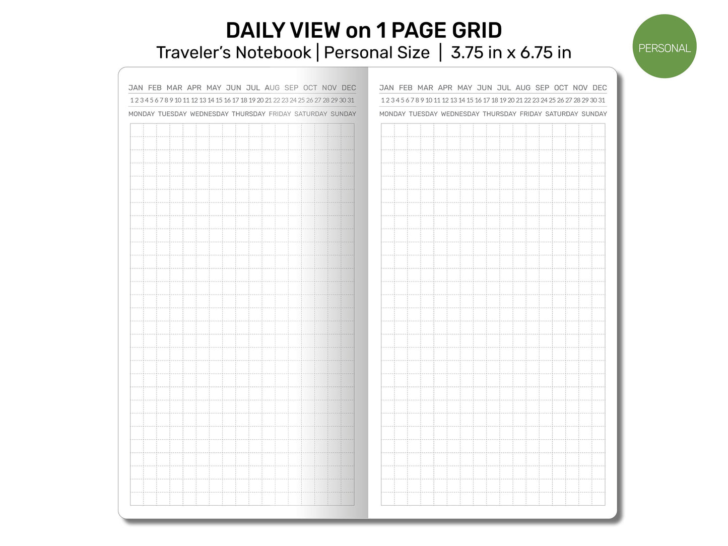 Daily View GRID - Personal Size - Traveler's Notebook - Printable Planner - Do1P Minimalist Functional PER004