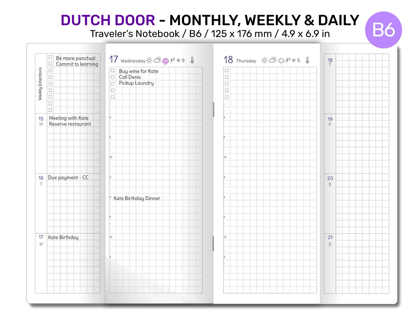 B6 TN Dutch Door Monthly, Weekly, Daily GRID Printable Traveler's Notebook Minimalist