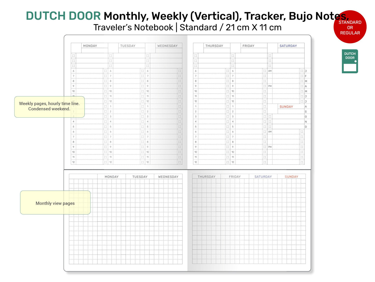Standard TN DUTCH DOOR Weekly Vertical, Monthly, Tracker, Printable Traveler's Notebook Refill - DDR01