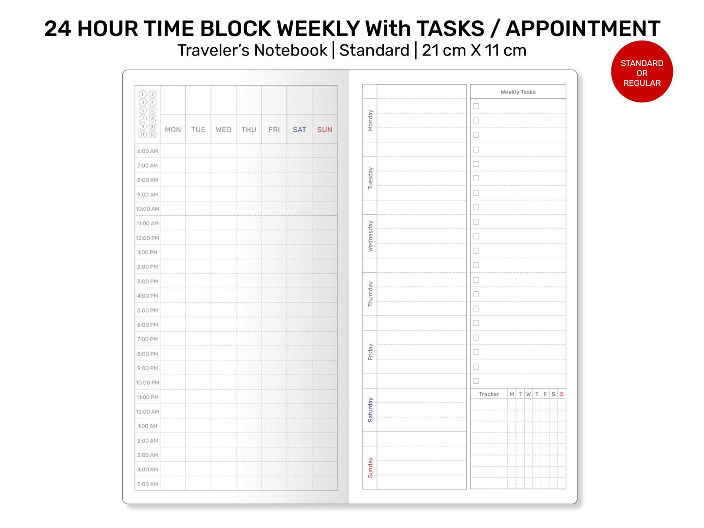 Standard TN WEEKLY 24 Hour Time Block with Appointments, Tasks and Tracker RTN070
