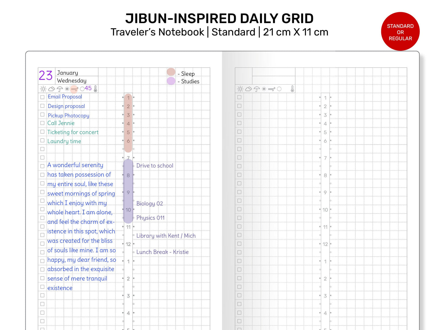 B6 Daily JIBUN-Inspired Printable Traveler's Notebook Insert Minimalist GRID B6033